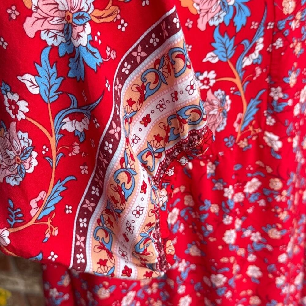 Umgee Women's Large Red Blue Floral Mini Dress Boho Bell Sleeve Oversized Tunic - Picture 3 of 8